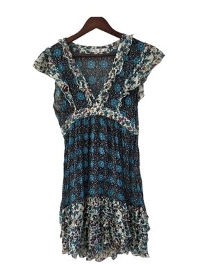 Lily Whyt Hobo Blue Floral Semi Sheer Ruffle Hi Lo Dress Festival Women XS S